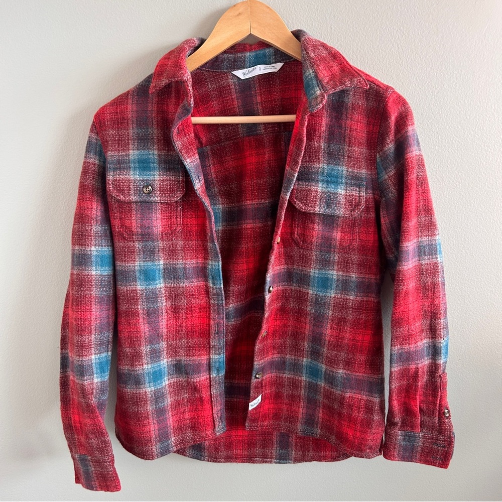 Woolrich 100% Wool Plaid Flannel Button Down Shacket Red Blue Women’s Size Small